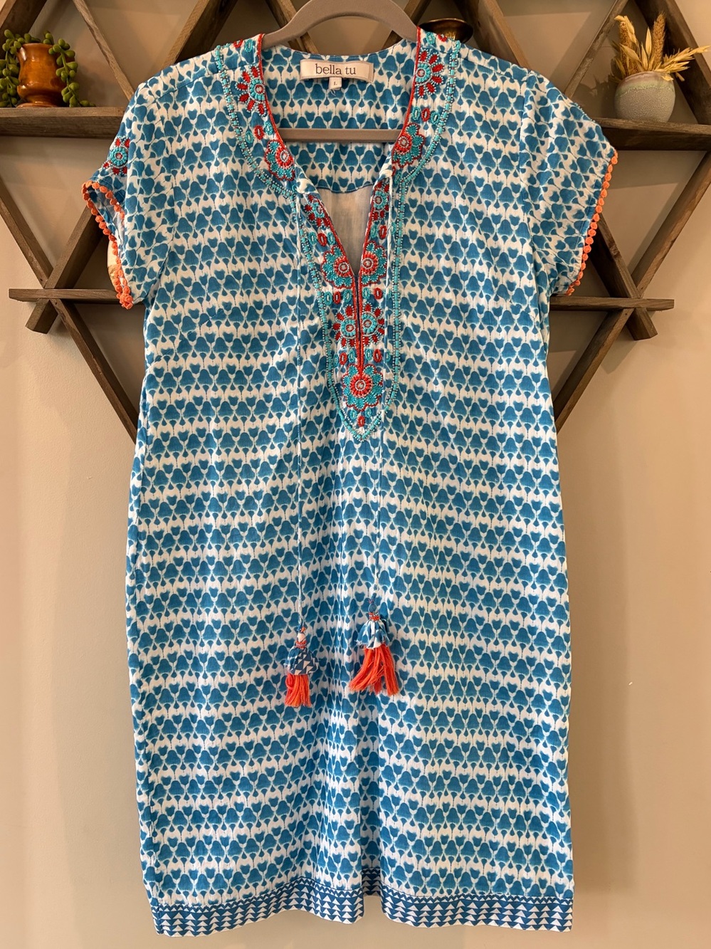 Bella Tu-Turquoise, White & Coral Beaded & Embroidered Tunic Dress. Size large.